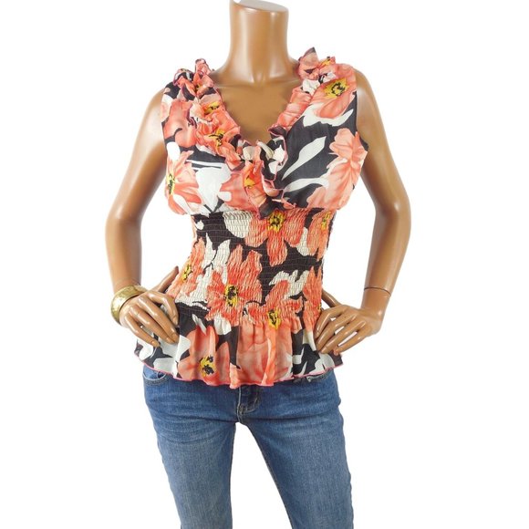 Mia Mia Tops - MIA MIA Top M Orange Floral Blouse Lined Cropped Shirt Puckered Waist Sleeveless